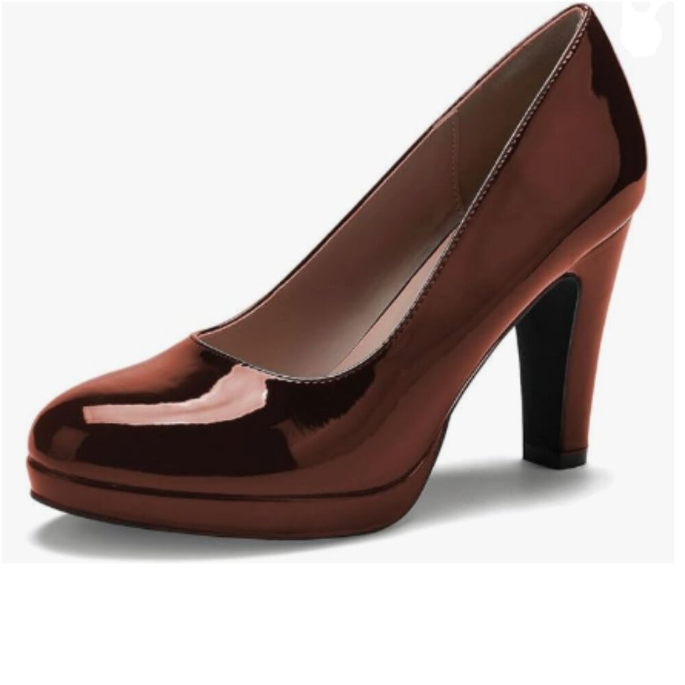miss left Brown Low Platform Chunky High Heel Slip On Closed Round Toe Pump